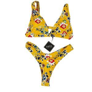 NWT Zaful Yellow Floral Brazilian Cheeky Triangle Bikini Size 6 US Medium